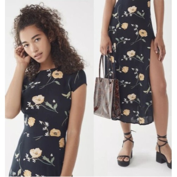 Urban Outfitters Maxi Dress Lindsey Black Floral Open Tie Back Slit large - Picture 2 of 16